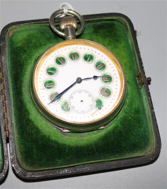 An Edwardian silver mounted travelling watch case with nickel cased pocket watch, 4.5in.